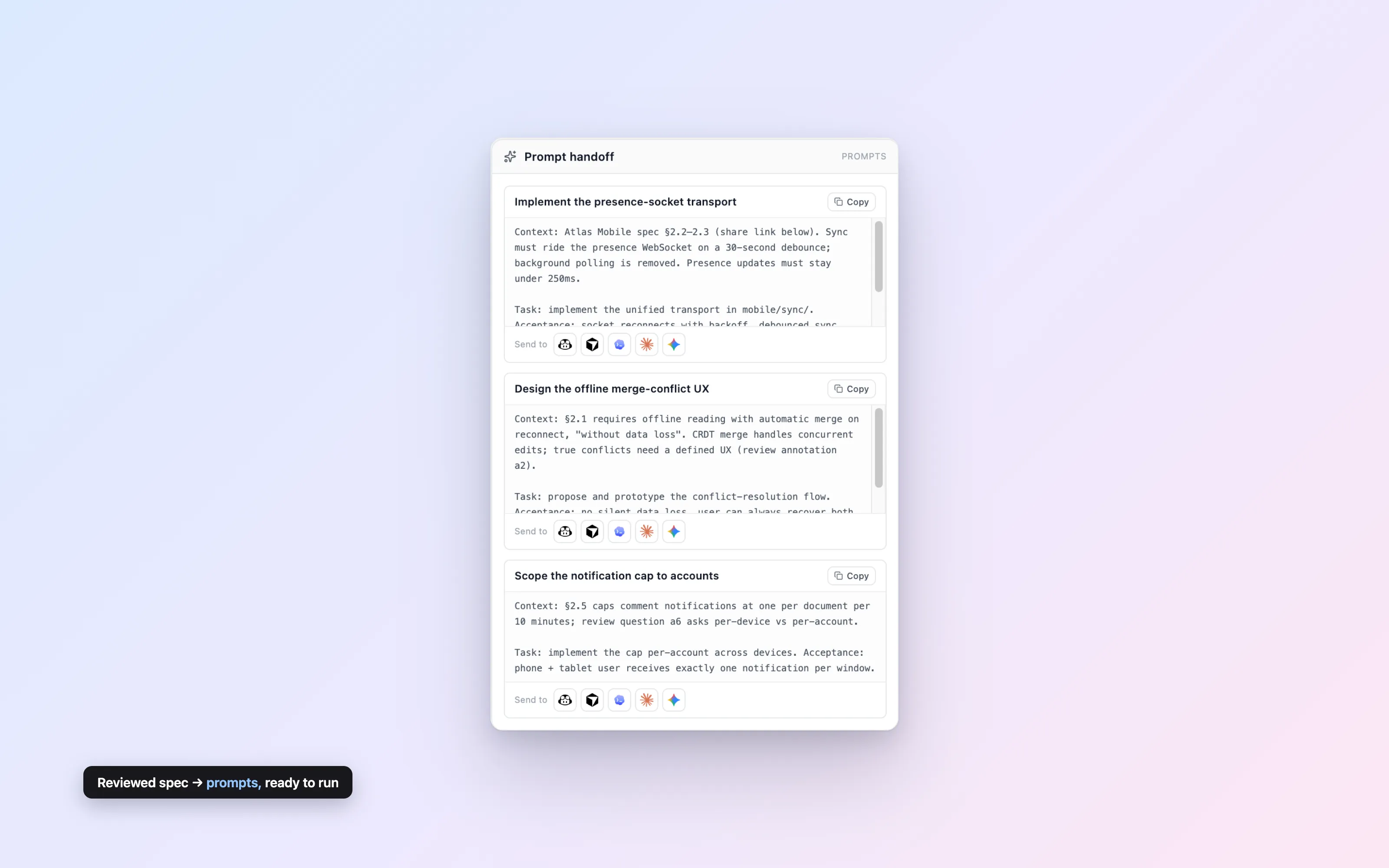 Per-task handoff prompts with one-click provider copy